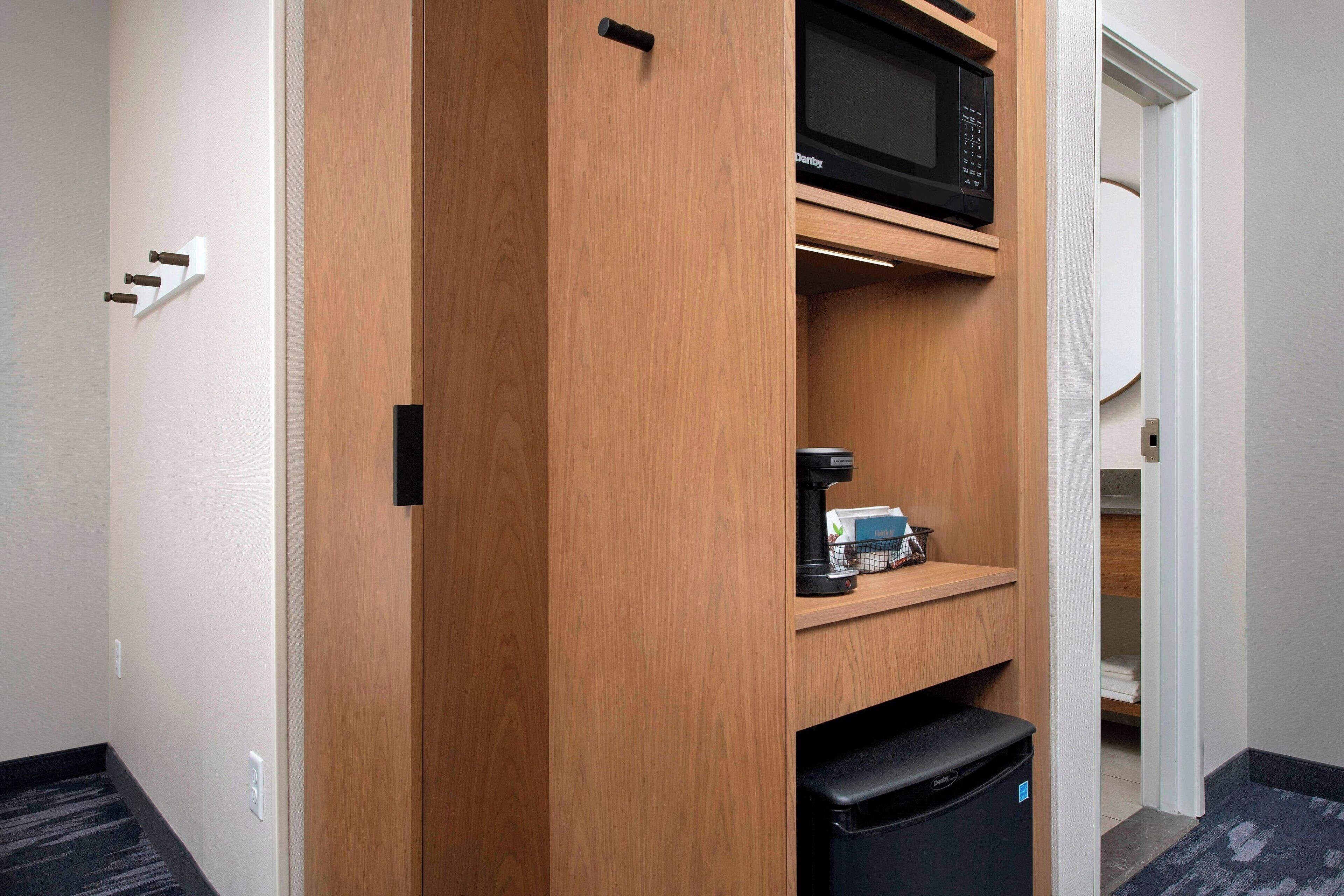 hypo-allergenic bedding, desk, blackout curtains, iron/ironing board