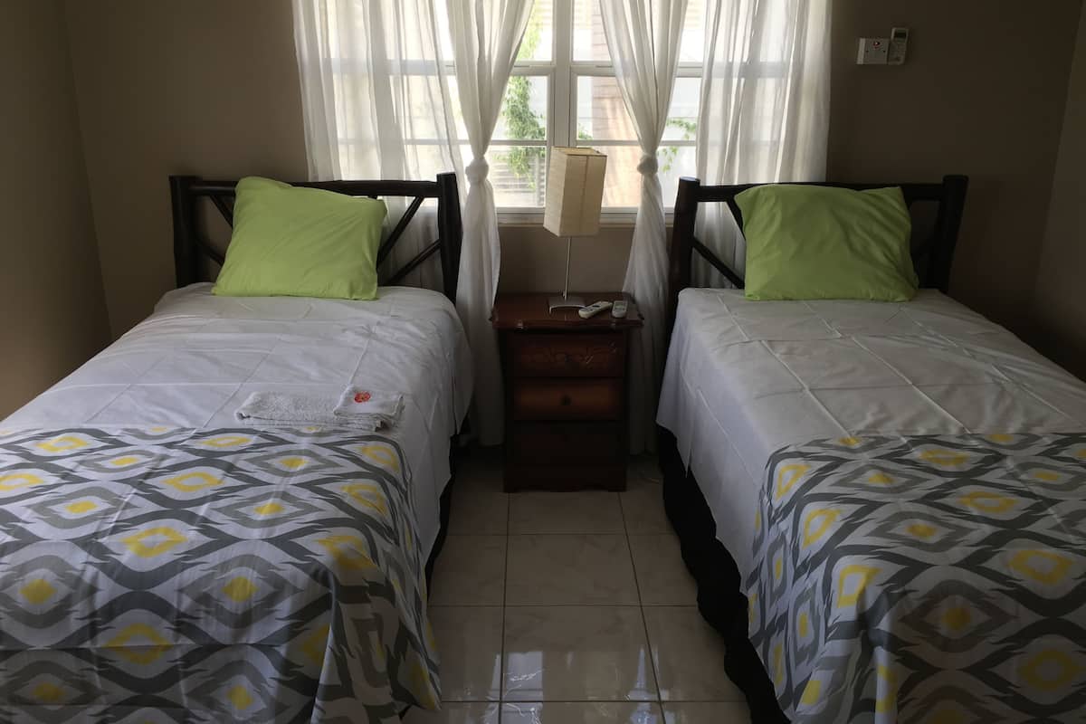 A room with two single beds, each with a patterned bedspread and a green pillow. There is a nightstand with a lamp and a remote control between the beds.