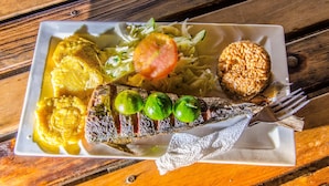 A plate with grilled fish, mashed potatoes, a salad, and a bread roll.