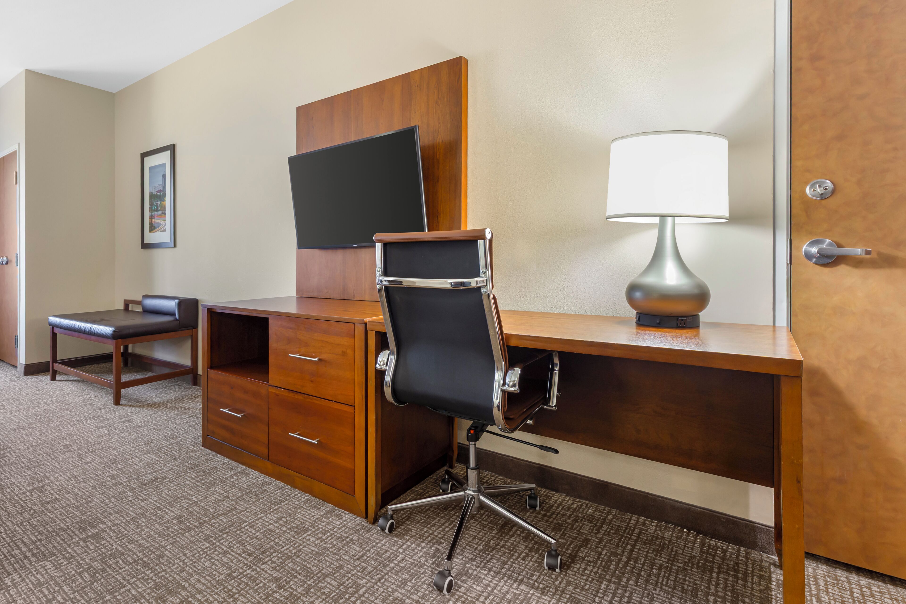 desk, laptop workspace, blackout curtains, iron/ironing board