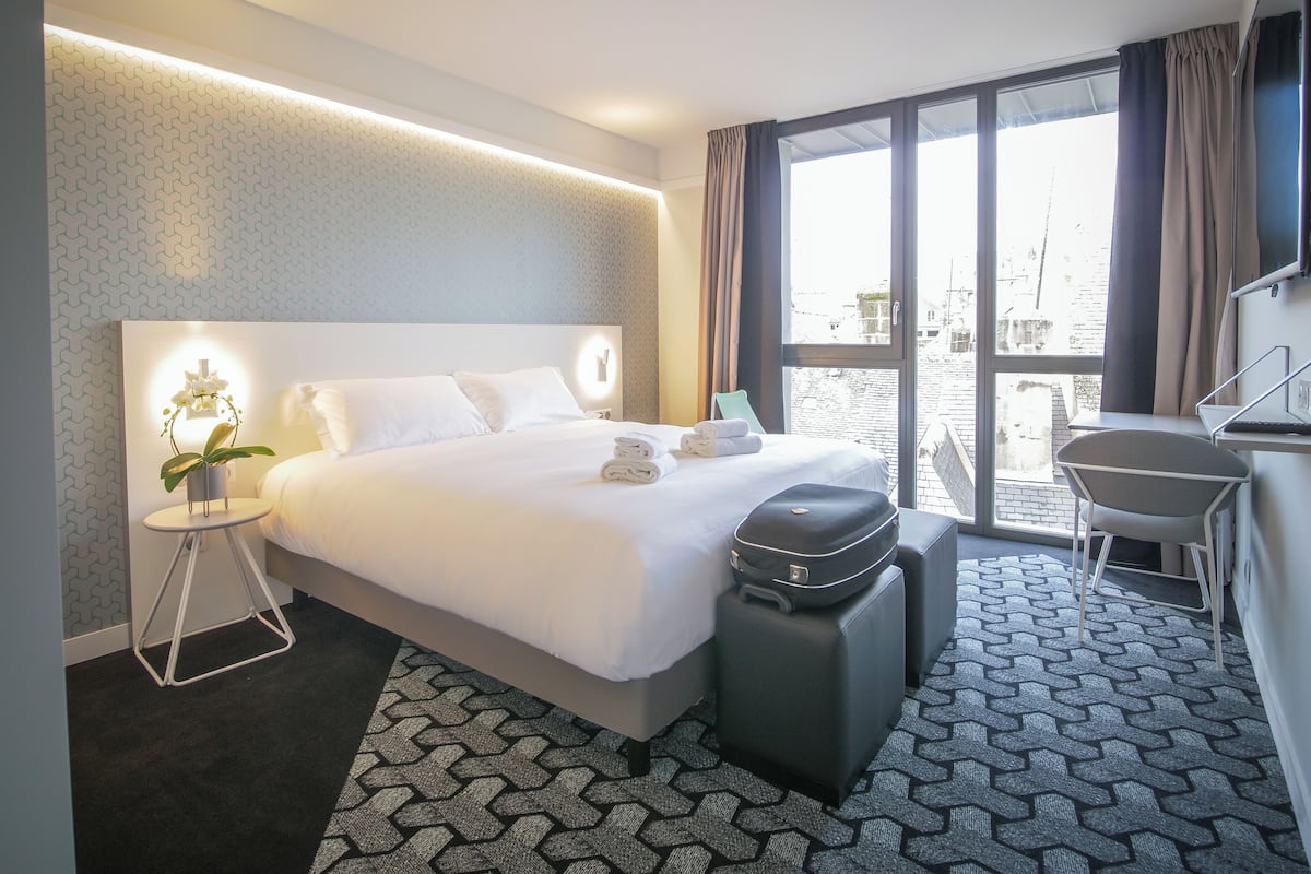 A hotel room with a bed, a desk, a chair, a suitcase, a small table with a plant, and a large window with a view.