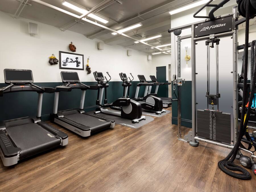 Ett gym med löpband, styrketräningsmaskiner och en kabelmaskin.