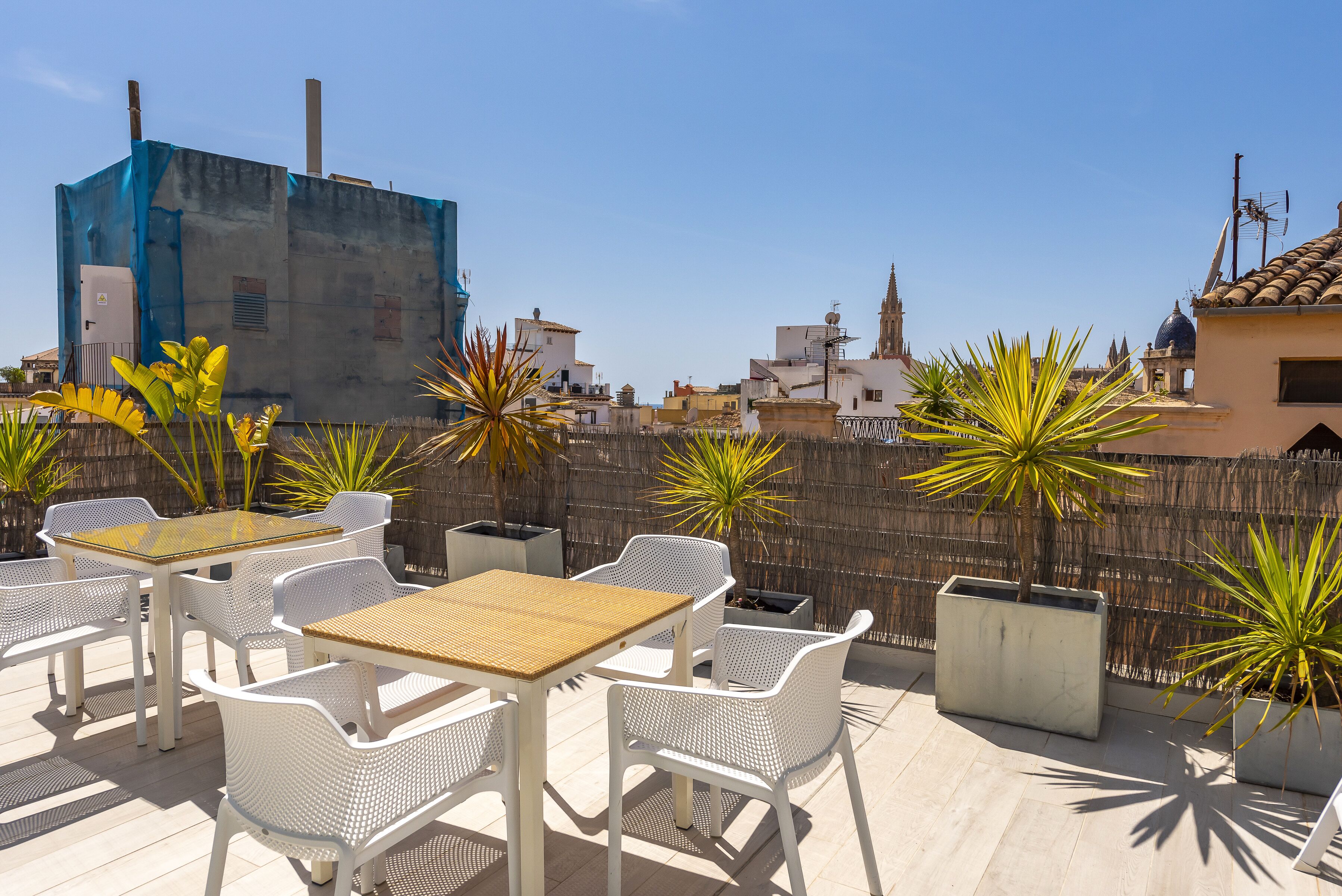 Un patio al aire libre con mobiliario de mimbre blanco y plantas en macetas.