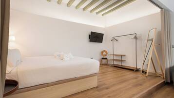 A modern bedroom with a wooden bed, a flat-screen TV, a standing mirror, and a small desk with a chair.