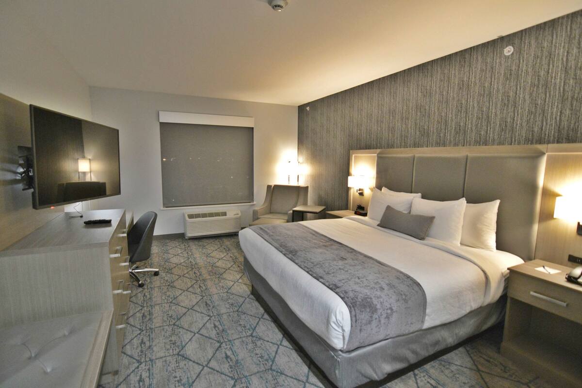 A hotel room with a large bed, a desk, a chair, a TV, and a window.