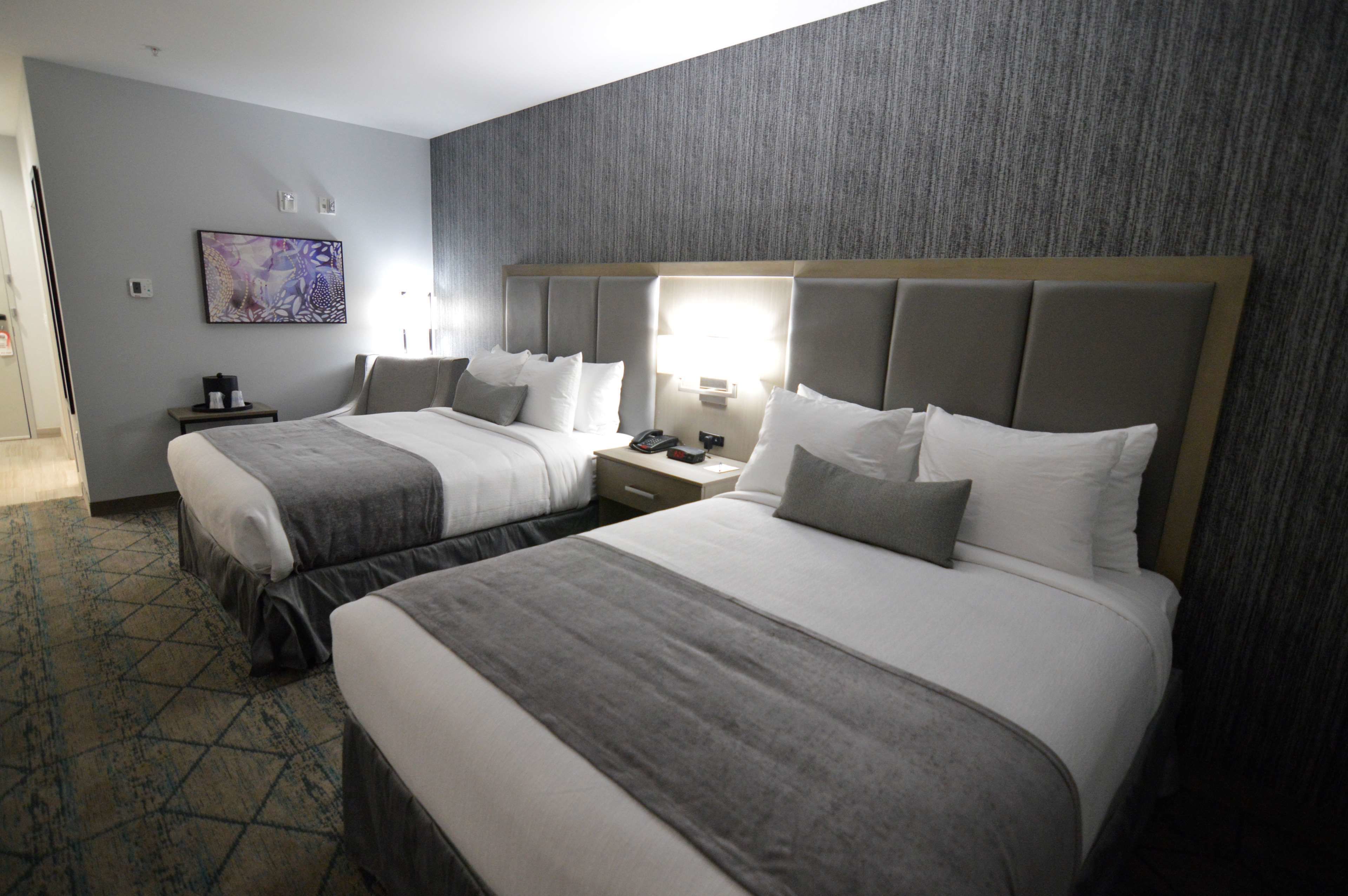 Habitación de hotel con dos camas, una mesita de noche, una lámpara, un cuadro y una alfombra estampada.