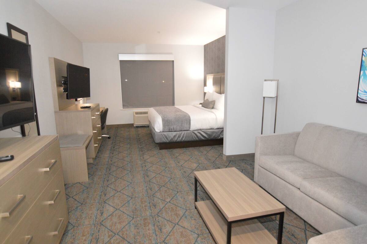 A hotel room with a bed, a sofa, a TV, a desk, and a chair.