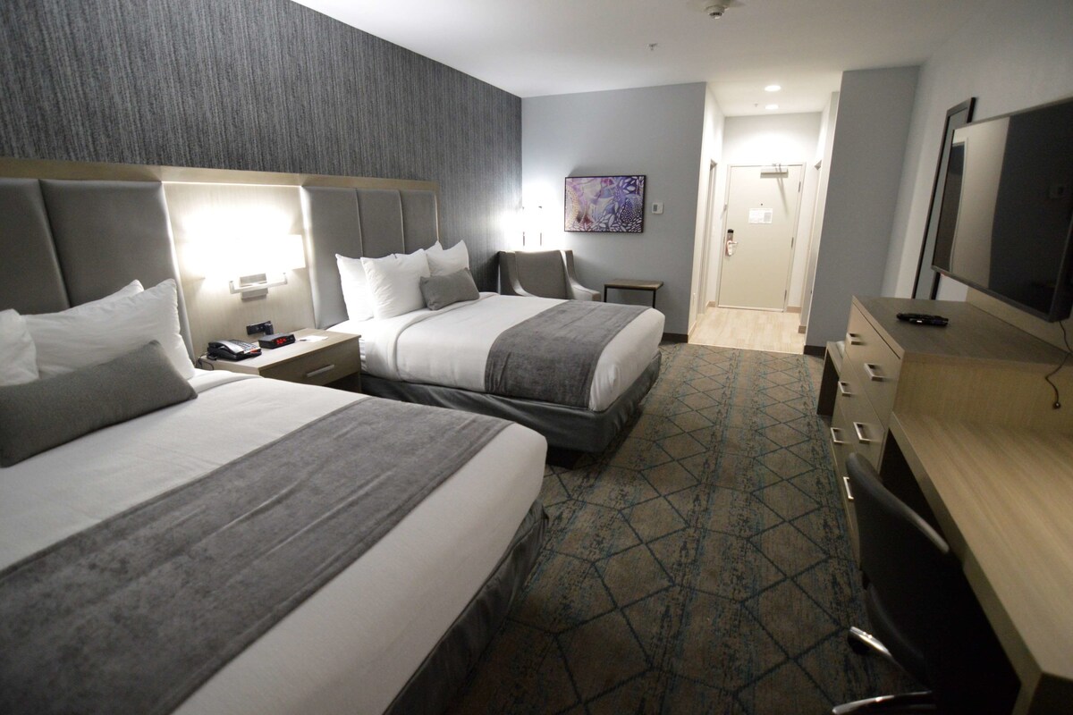 Ein Hotelzimmer mit zwei Betten, einem Schreibtisch, einem Stuhl, einem Fernseher und einem Bild an der Wand.