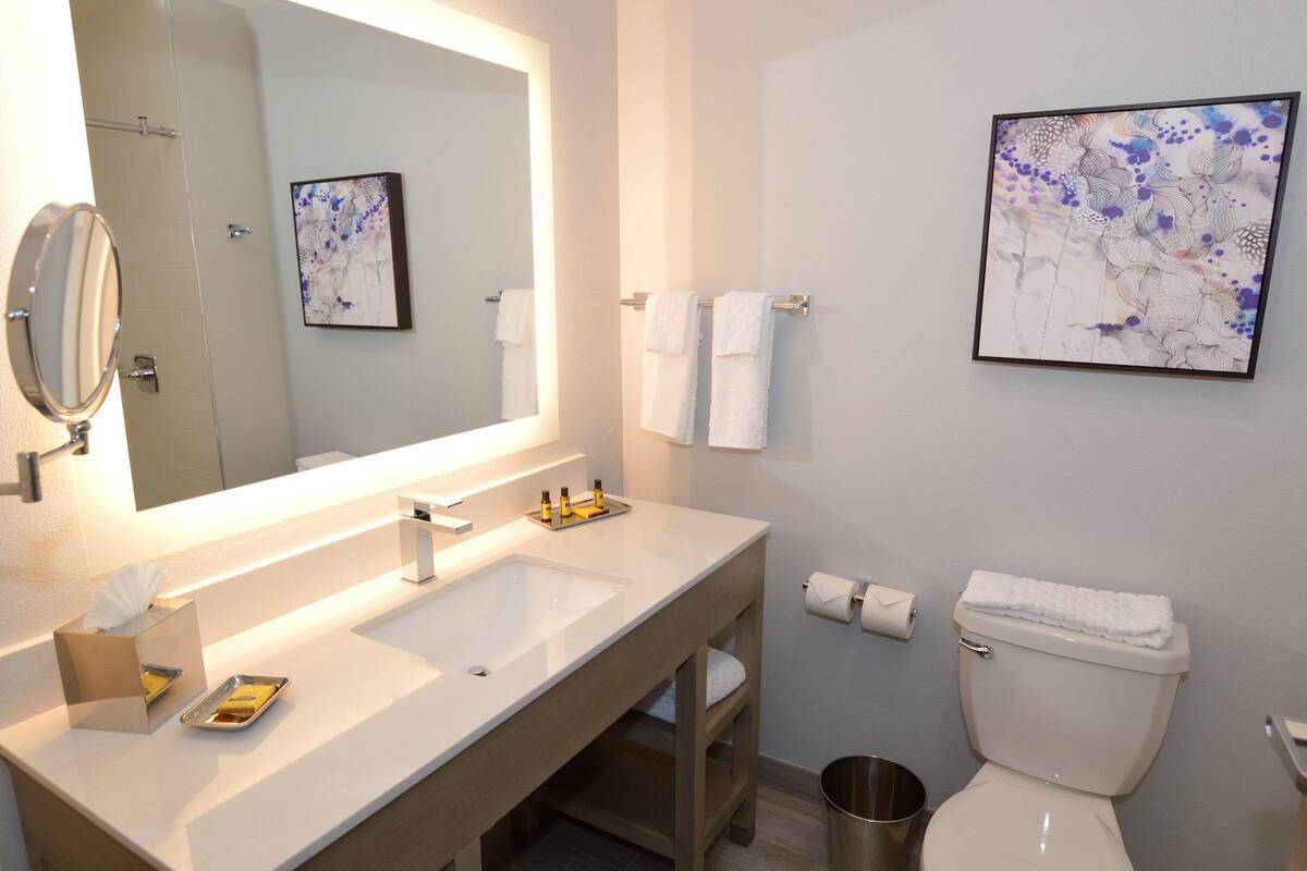 rainfall showerhead, hair dryer, towels