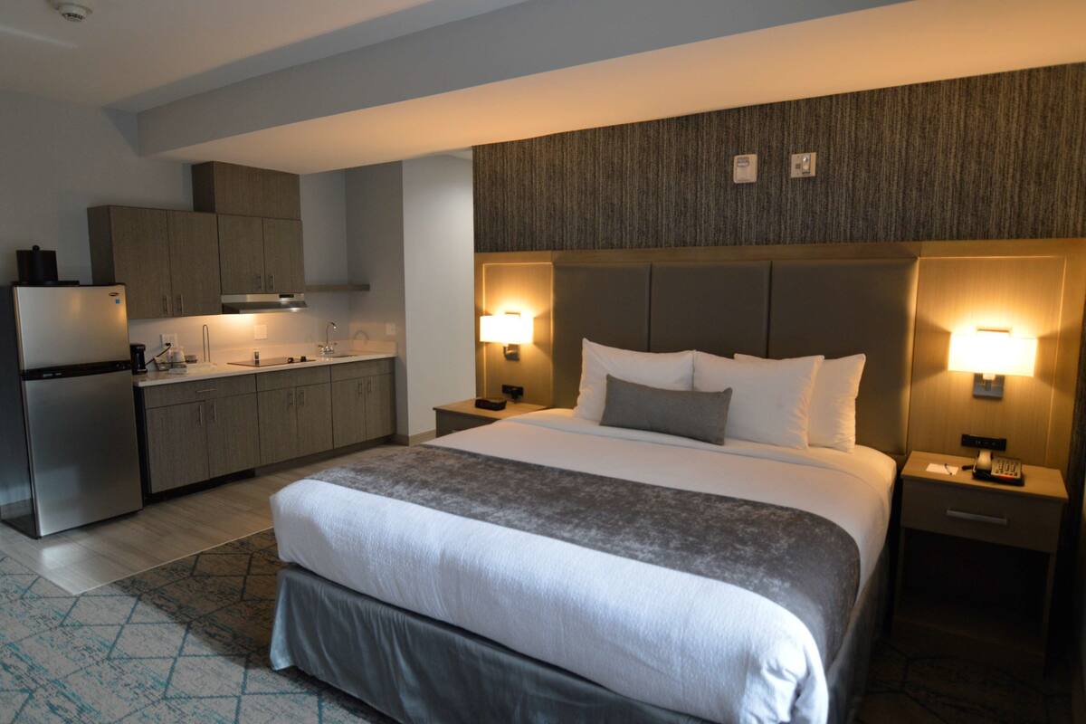 Suite, 1 King Bed, Accessible, Refrigerator & Microwave (Walk-in Shower;with Sofabed) | Desk, laptop workspace, blackout curtains, soundproofing