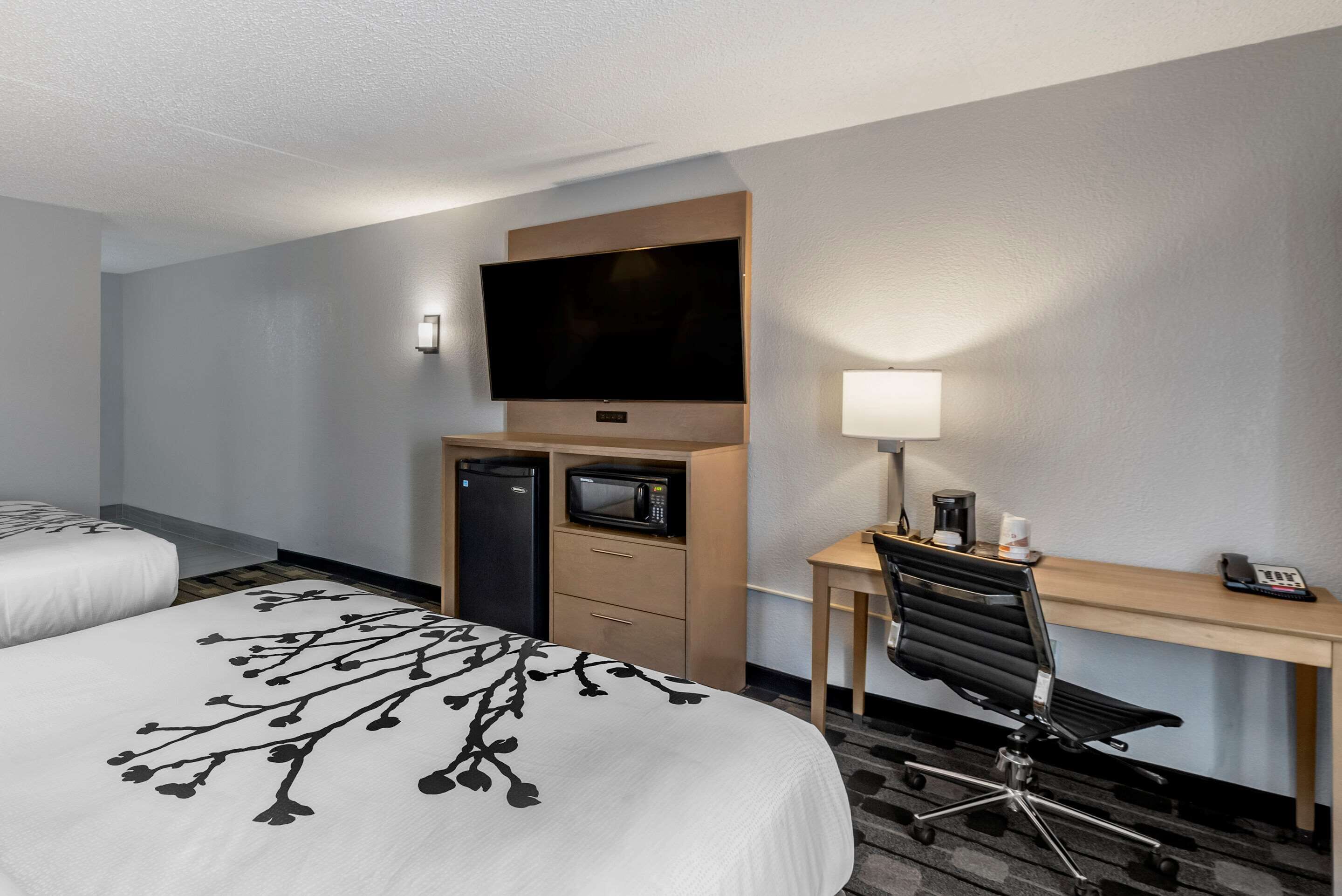 Habitación de hotel con dos camas, un escritorio, una silla, televisor, microondas y refrigerador.