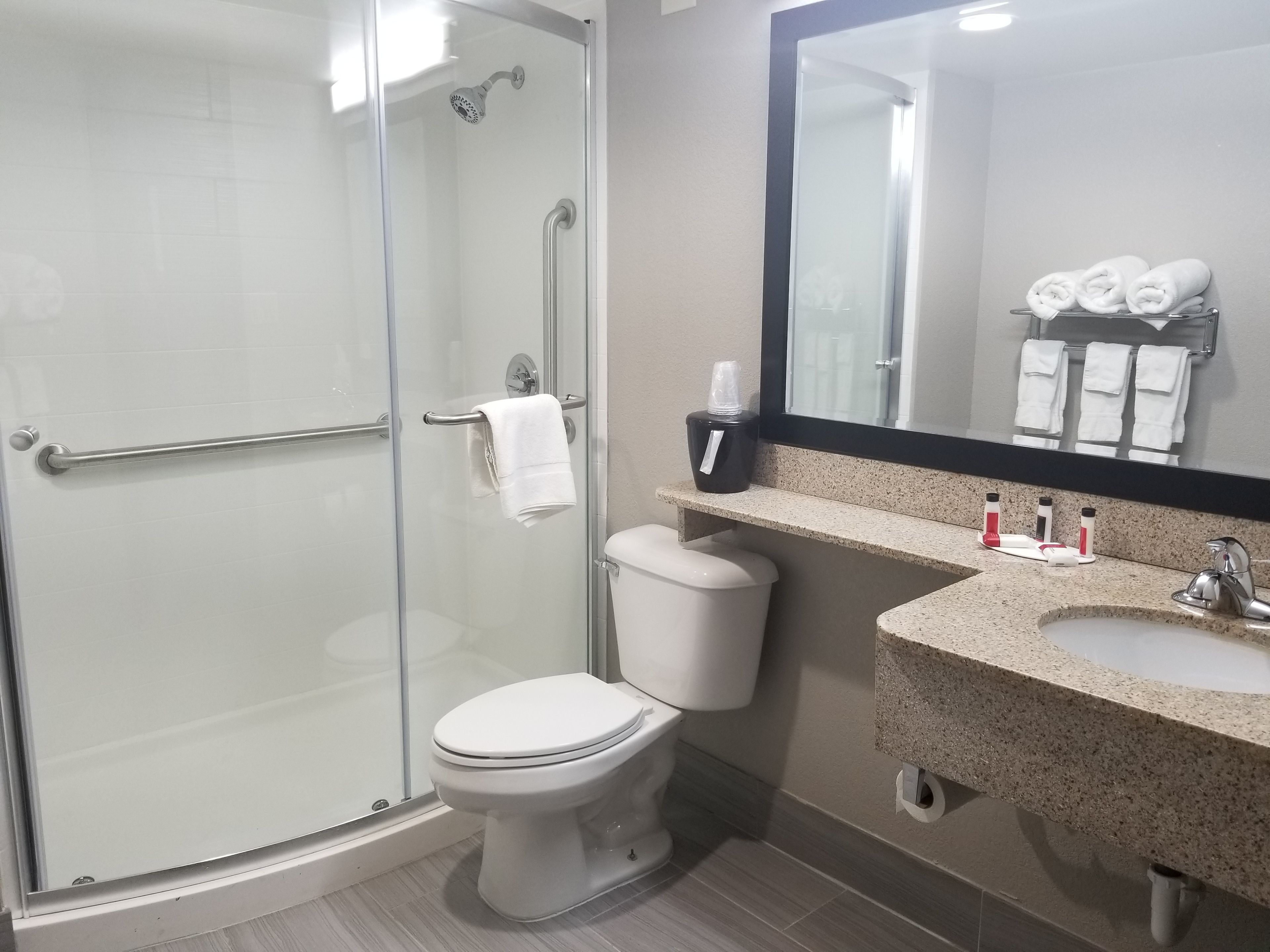 A modern bathroom with a glass-enclosed shower, a toilet, a sink with a mirror above, and neatly arranged towels.