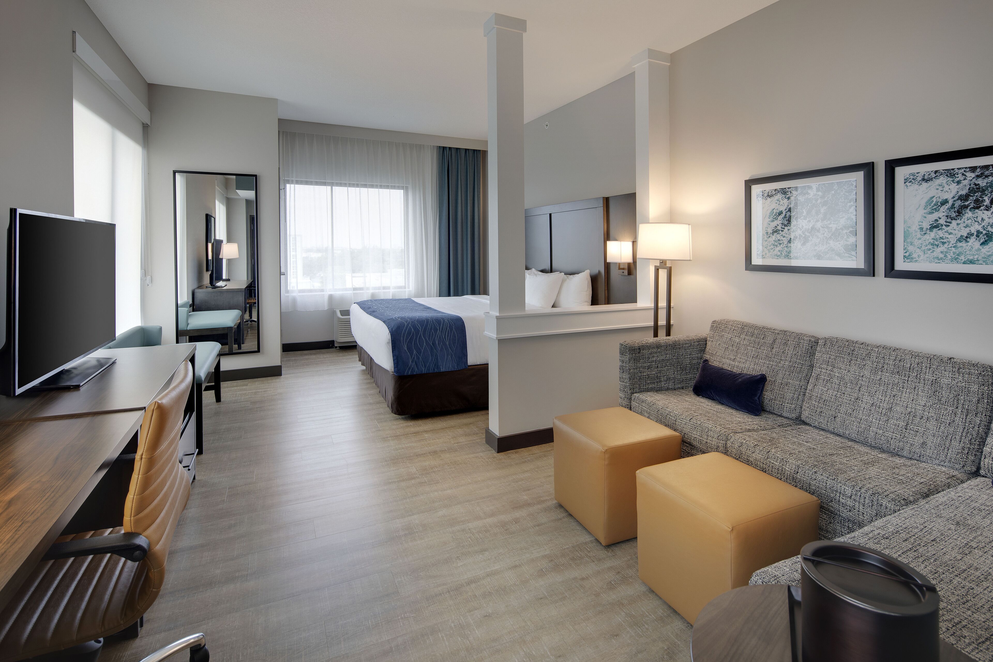 desk, laptop workspace, blackout curtains, soundproofing