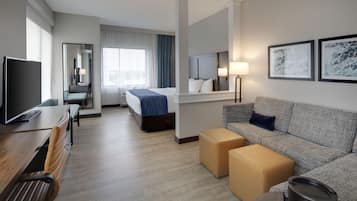 Desk, laptop workspace, blackout curtains, soundproofing