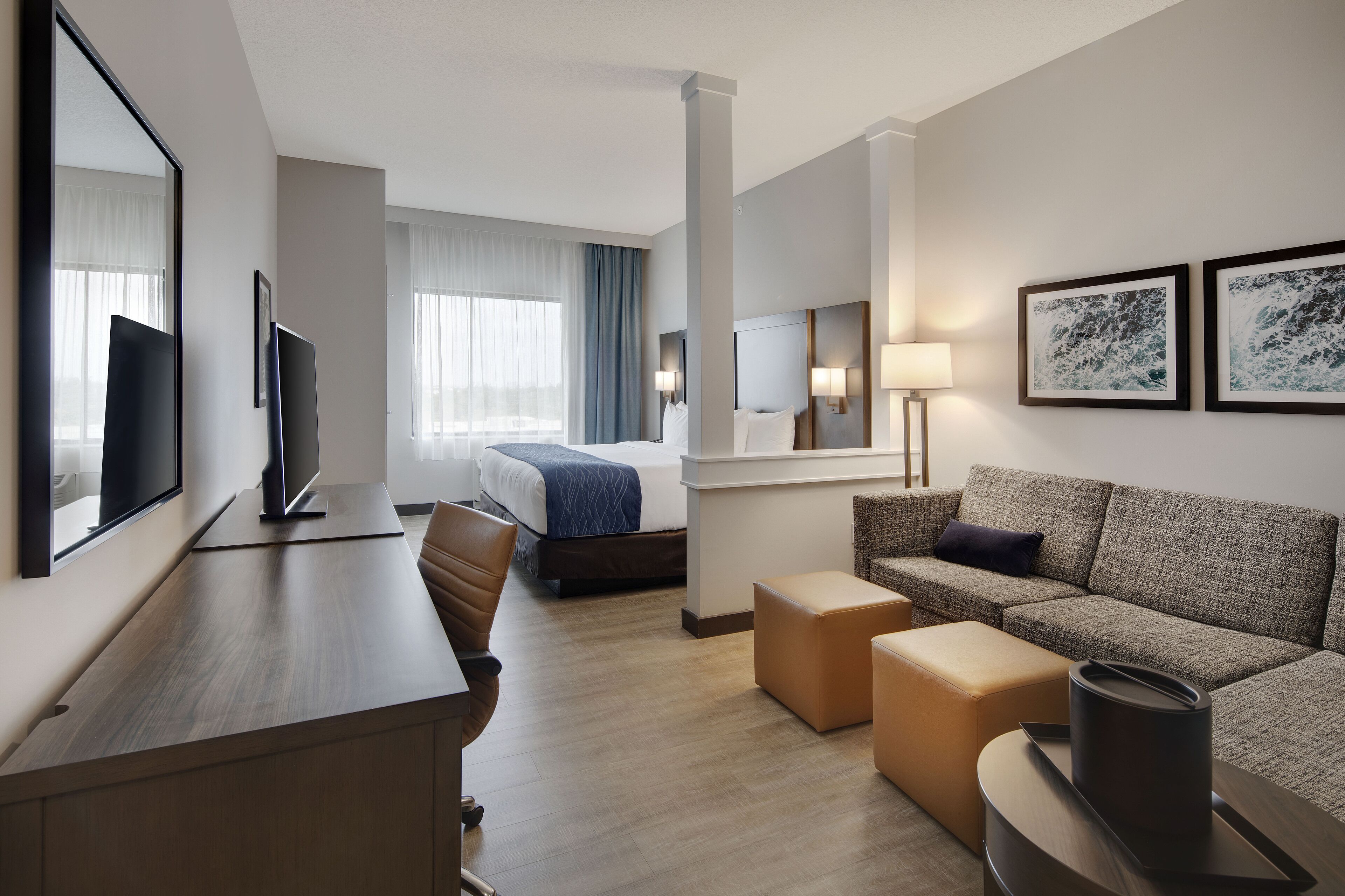 desk, laptop workspace, blackout curtains, soundproofing