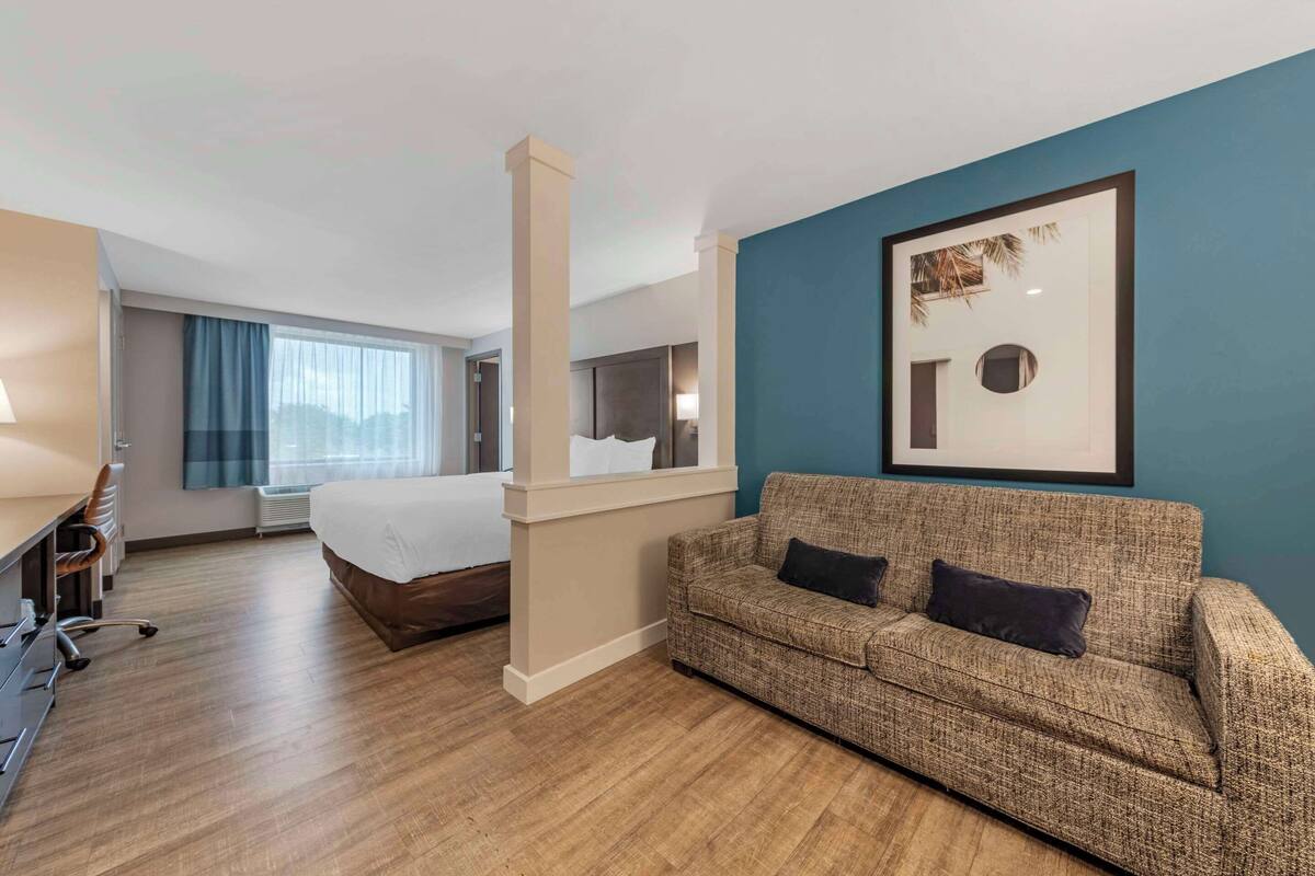 suite, 1 king bed with sofa bed, accessible, non smoking | desk, laptop workspace, blackout curtains, soundproofing