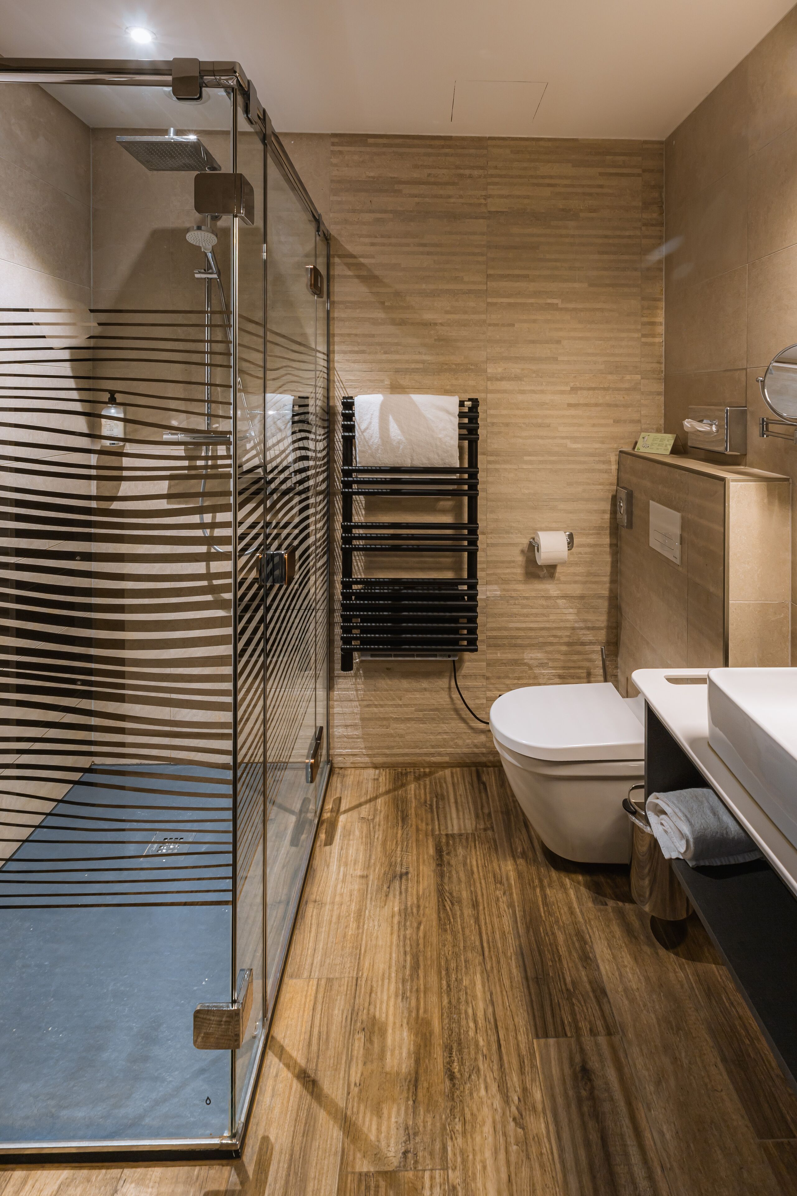 A modern bathroom with a glass shower enclosure, a toilet, and a sink with a mirror.