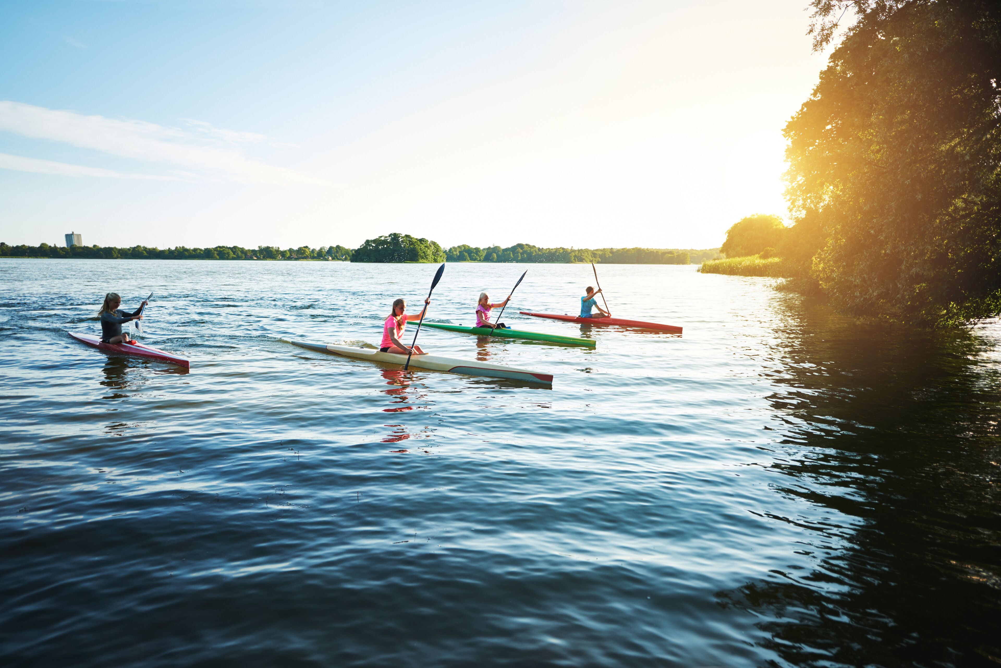 Four people paddling in canoes on a calm body of water with trees and a distant building on the horizon.