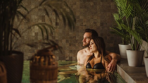 A couple in a hot tub with tiled walls and potted plants. - Golden Lakes Hotel (Froidchapelle)