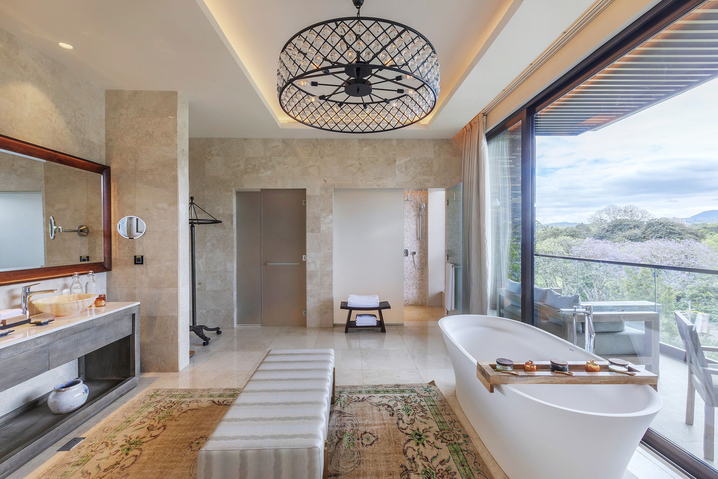 separate bathtub and shower, hair dryer, bathrobes, slippers