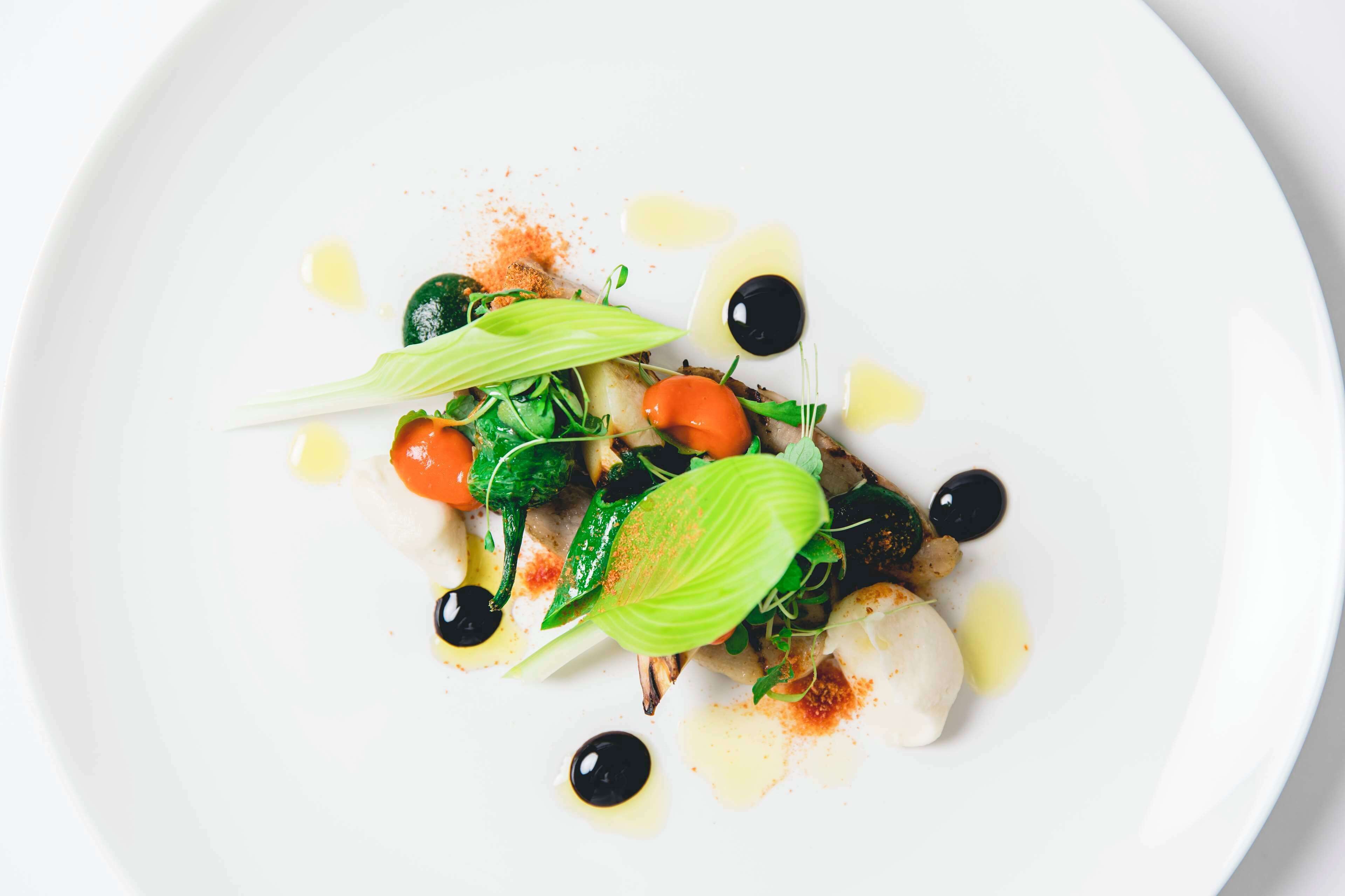 A white plate with a dish of food, including greens, tomatoes, and olives.