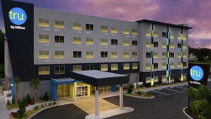 A modern hotel with a flat roof, multiple windows, and a covered entrance. - Tru by Hilton Lake City (Lake City)