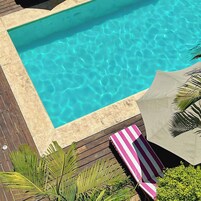 A swimming pool with clear water, surrounded by a wooden deck, and includes a lounge chair and palm plants.