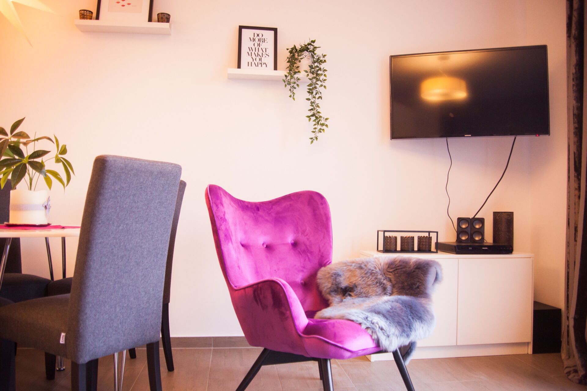 A living room with a grey armchair, a pink chair with a dog, a flat-screen TV, a white cabinet, and a plant.