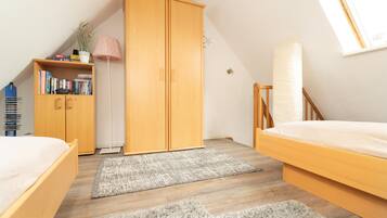 A bedroom with a loft bed, a wardrobe, a bookshelf, and a skylight.