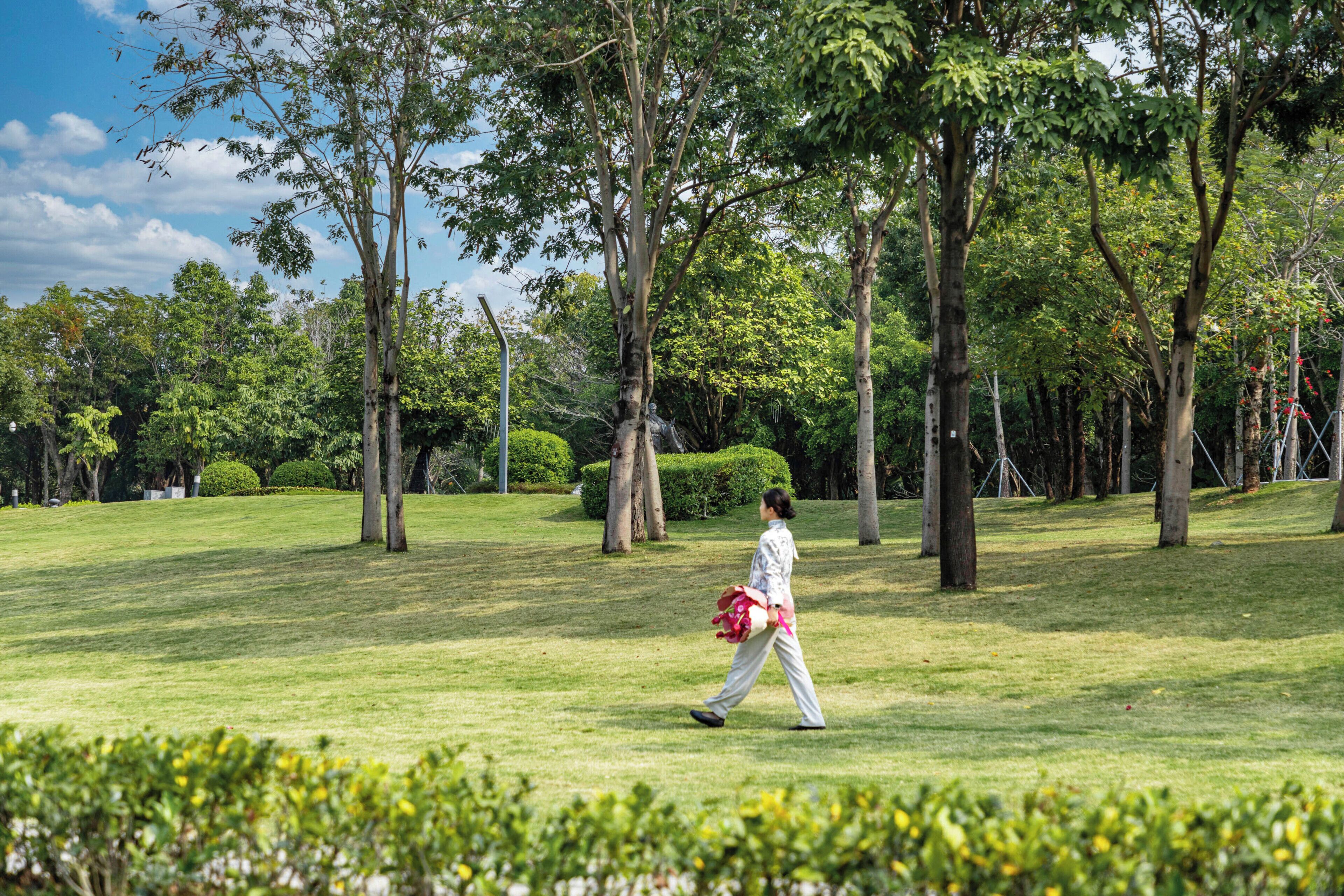 A person walking in a park with trees and grass.