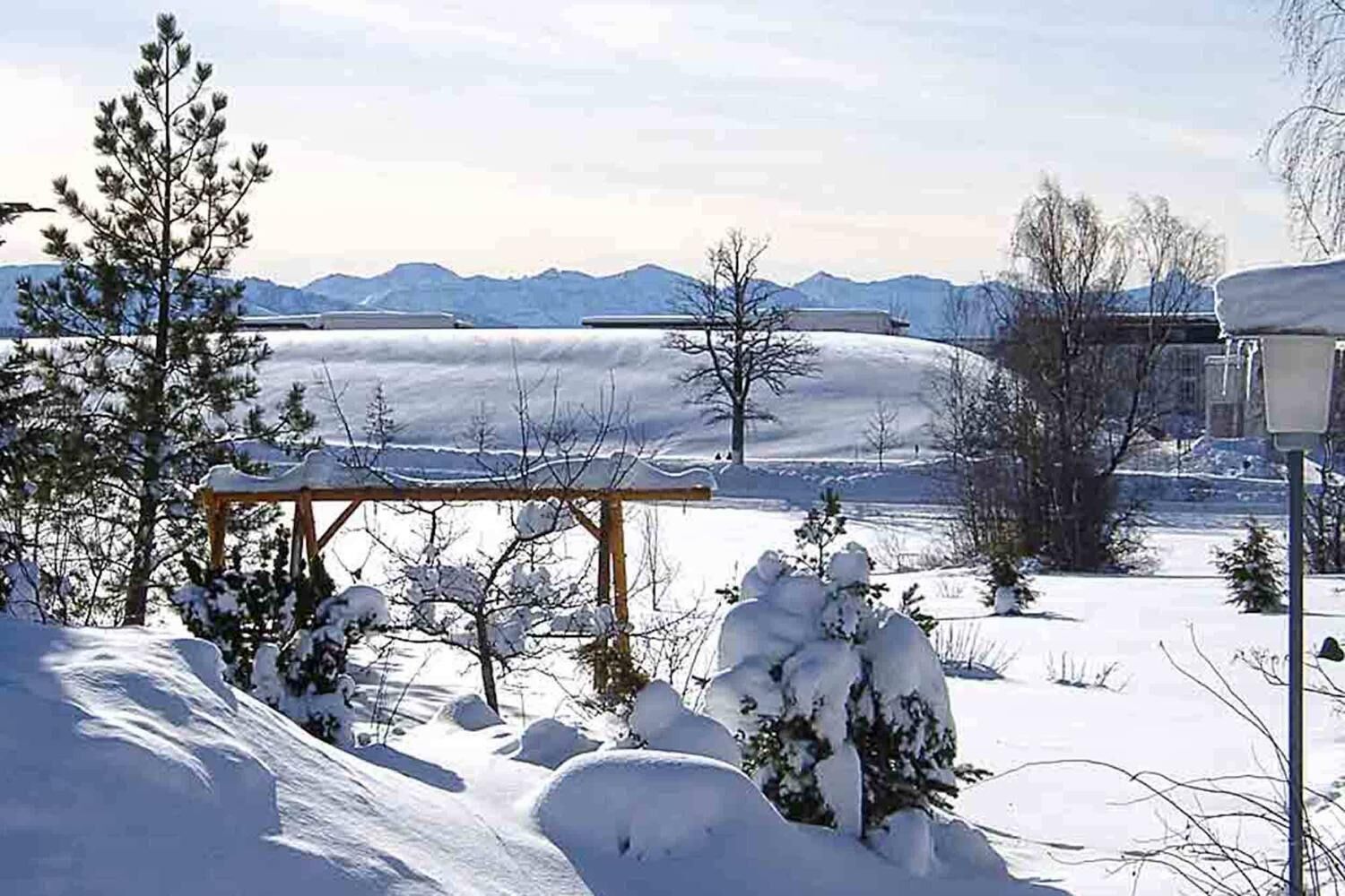 Un paisaje nevado con una pérgola de madera, árboles cubiertos de nieve y montañas al fondo.