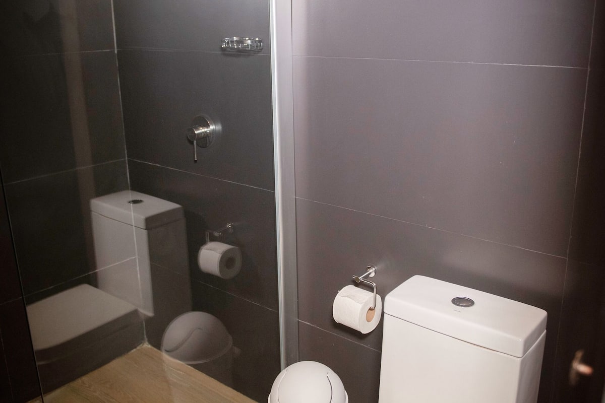 shower, rainfall showerhead, eco-friendly toiletries, towels