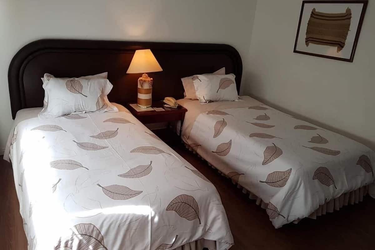 Habitación de hotel con dos camas individuales, una mesita de noche con lámpara, teléfono y un cuadro enmarcado en la pared.