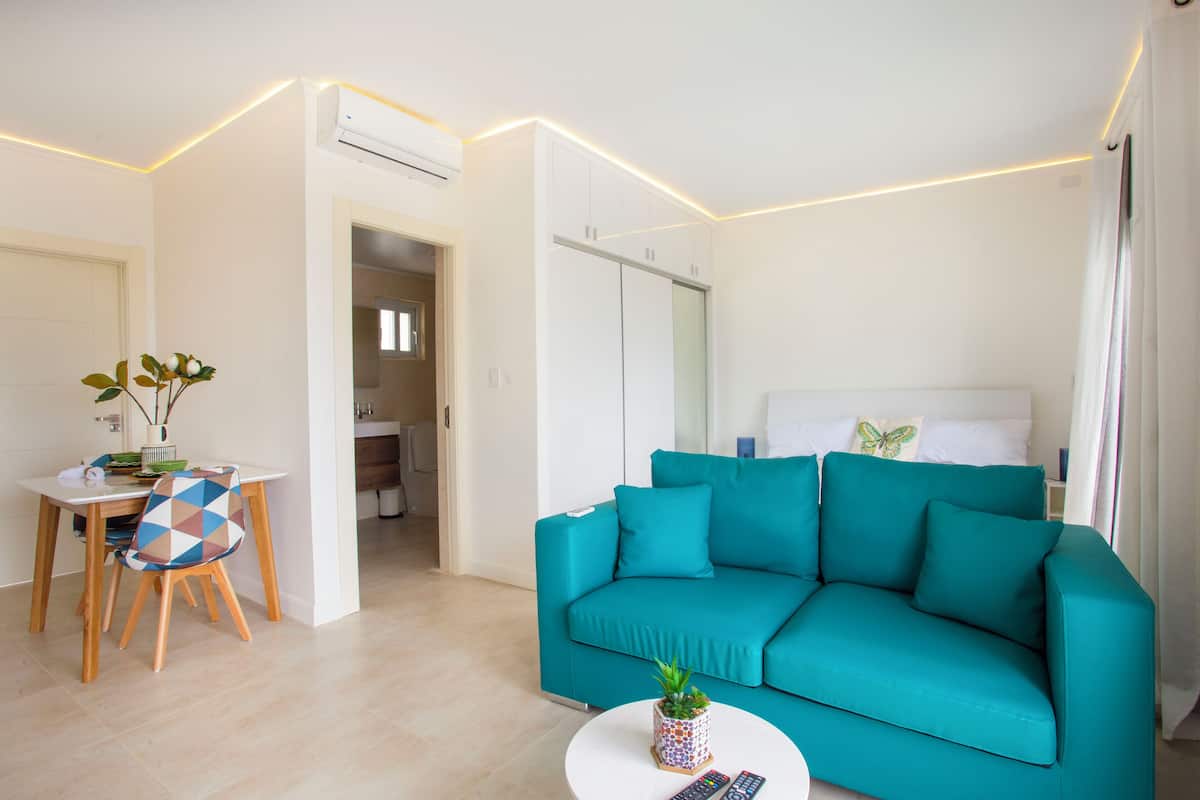 A modern living room with a teal sofa, a dining table with chairs, and a small plant on a side table.