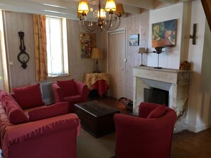 Televisie, een open haard, een dvd-speler en boeken