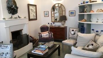 TV, fireplace, DVD player, books