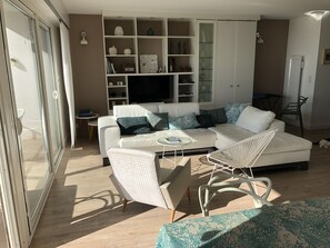 Una televisión, un reproductor de DVD, libros