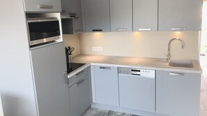 A modern kitchen with grey cabinets, a built-in oven, a dishwasher, and a stainless steel sink. - Apartment renovated, air conditioning, sea view, swimming pools, tennis (Antibes)