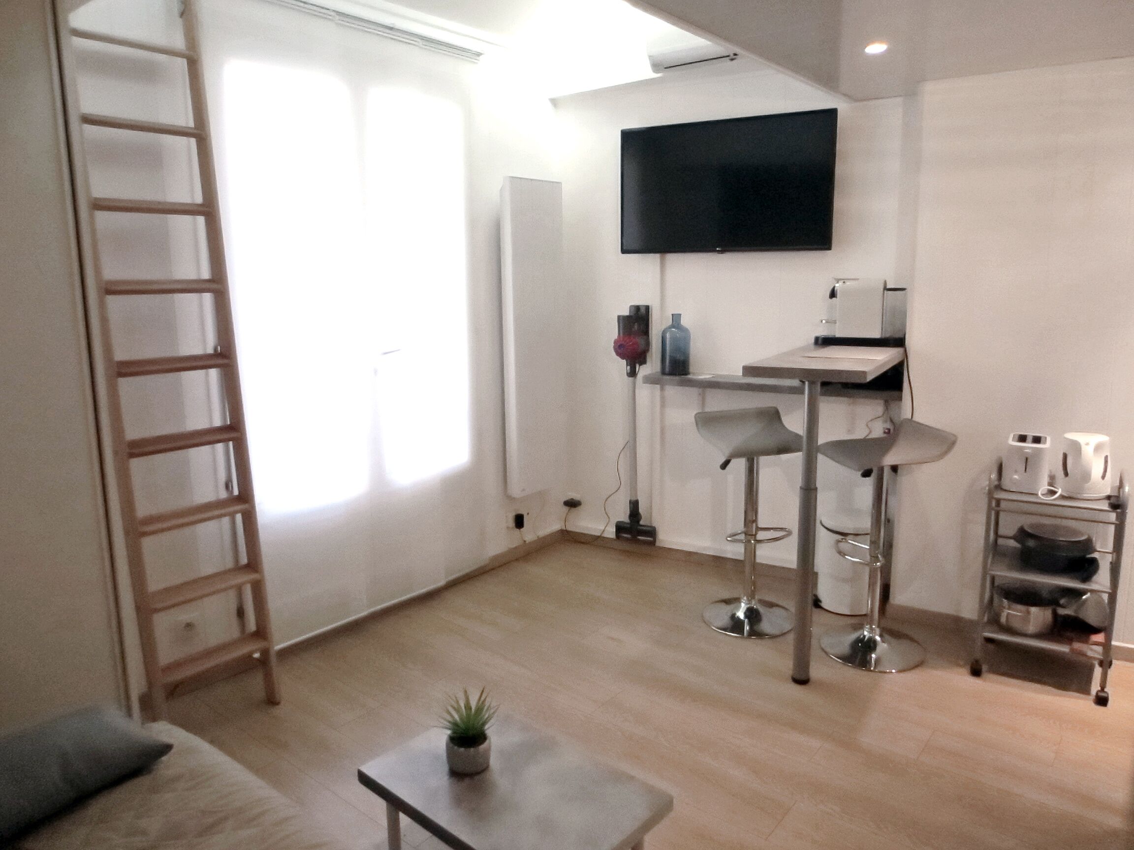 A modern, minimalistic living space with a wooden ladder, a flat-screen TV mounted on the wall, a small table with a plant, and a kitchen area with a bar stool.