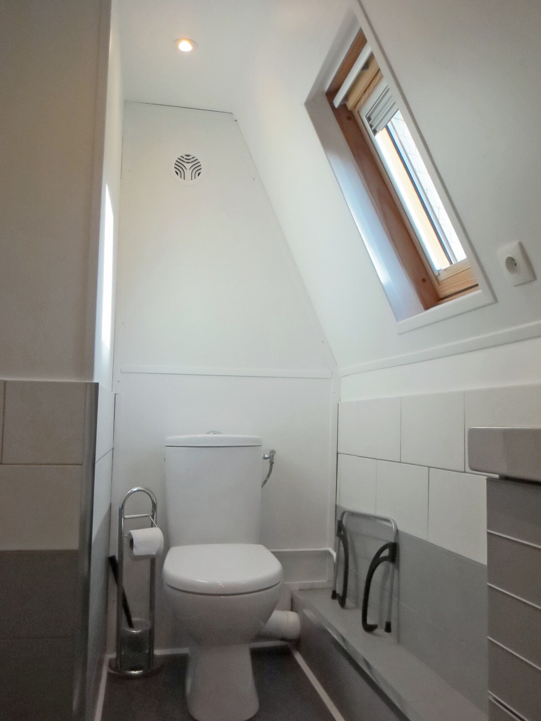 Un baño pequeño y moderno con tragaluz, inodoro y zona de ducha.