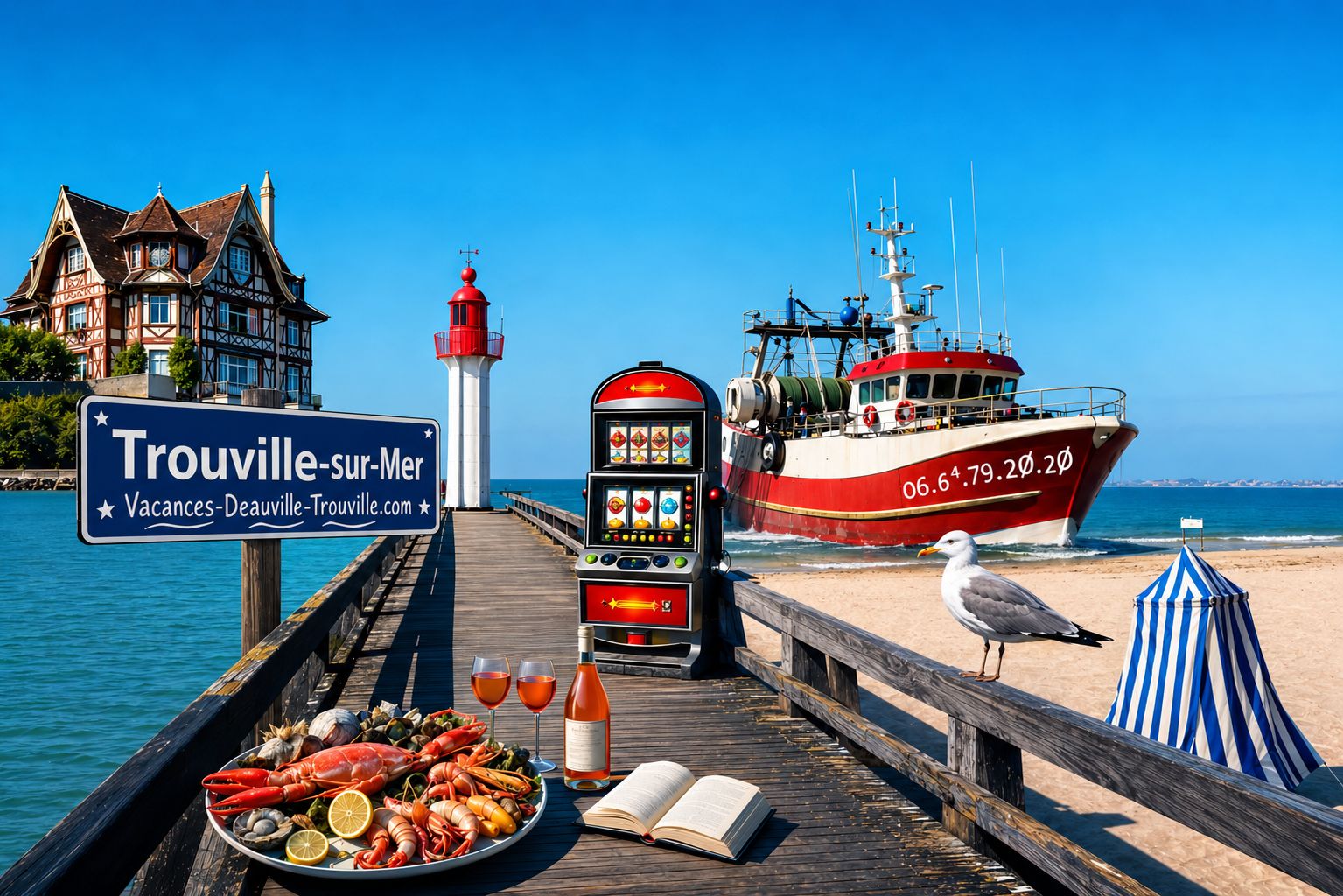 A pier with a sign for Trouville-sur-Mer, a red boat, a seagull, and a lobster platter.