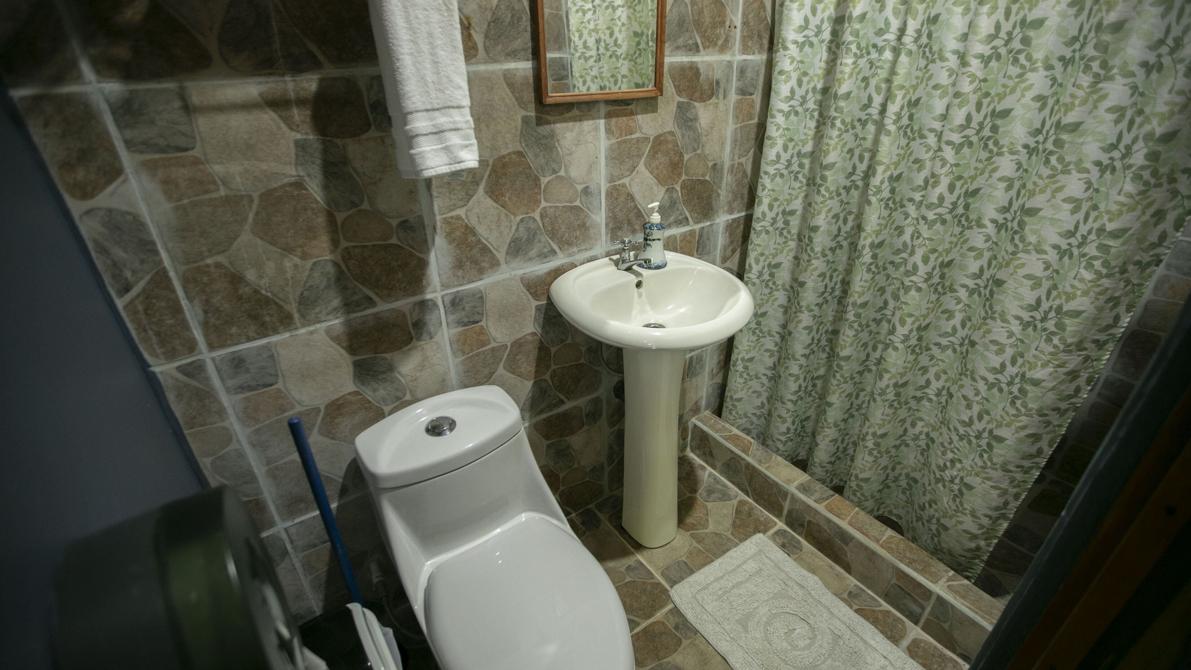 Een badkamer met toilet, wastafel en douchegordijn.