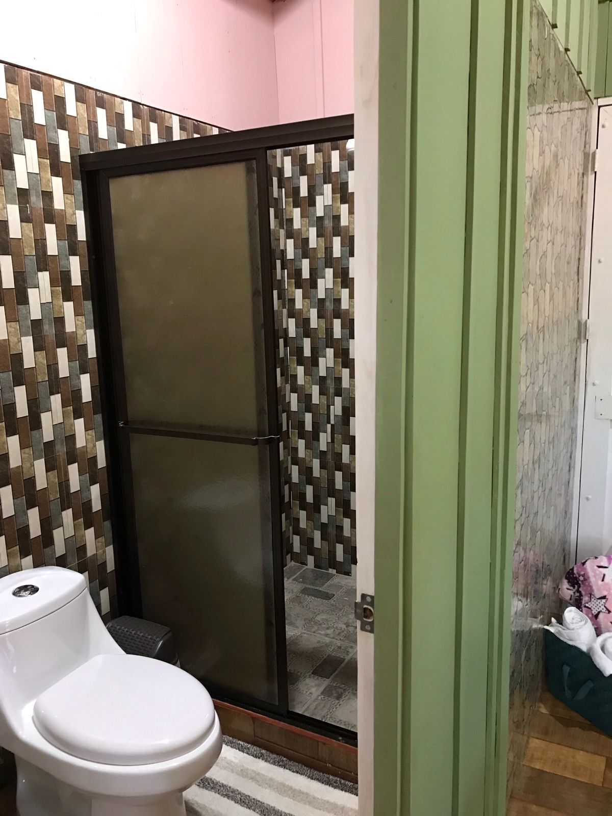 A bathroom with a toilet, a shower with a tiled wall, and a green door.