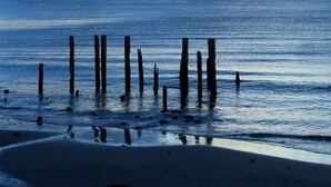 A beach with wooden posts in the water and a clear sky. - A2 @ Port Willy      (Port Willunga)