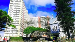 A multi-story building with balconies, a park with trees and flowers, and a clear blue sky.