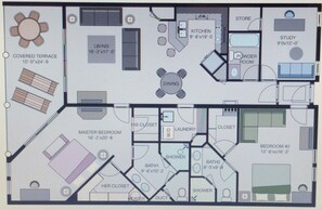 A floor plan of a hotel room with a covered terrace, master bedroom, living room, dining area, kitchen, powder room, study, and two bedrooms. - Beach Front, Family-Friendly Luxury On Vibrant St. Lawrence Gap (Dover Beach)