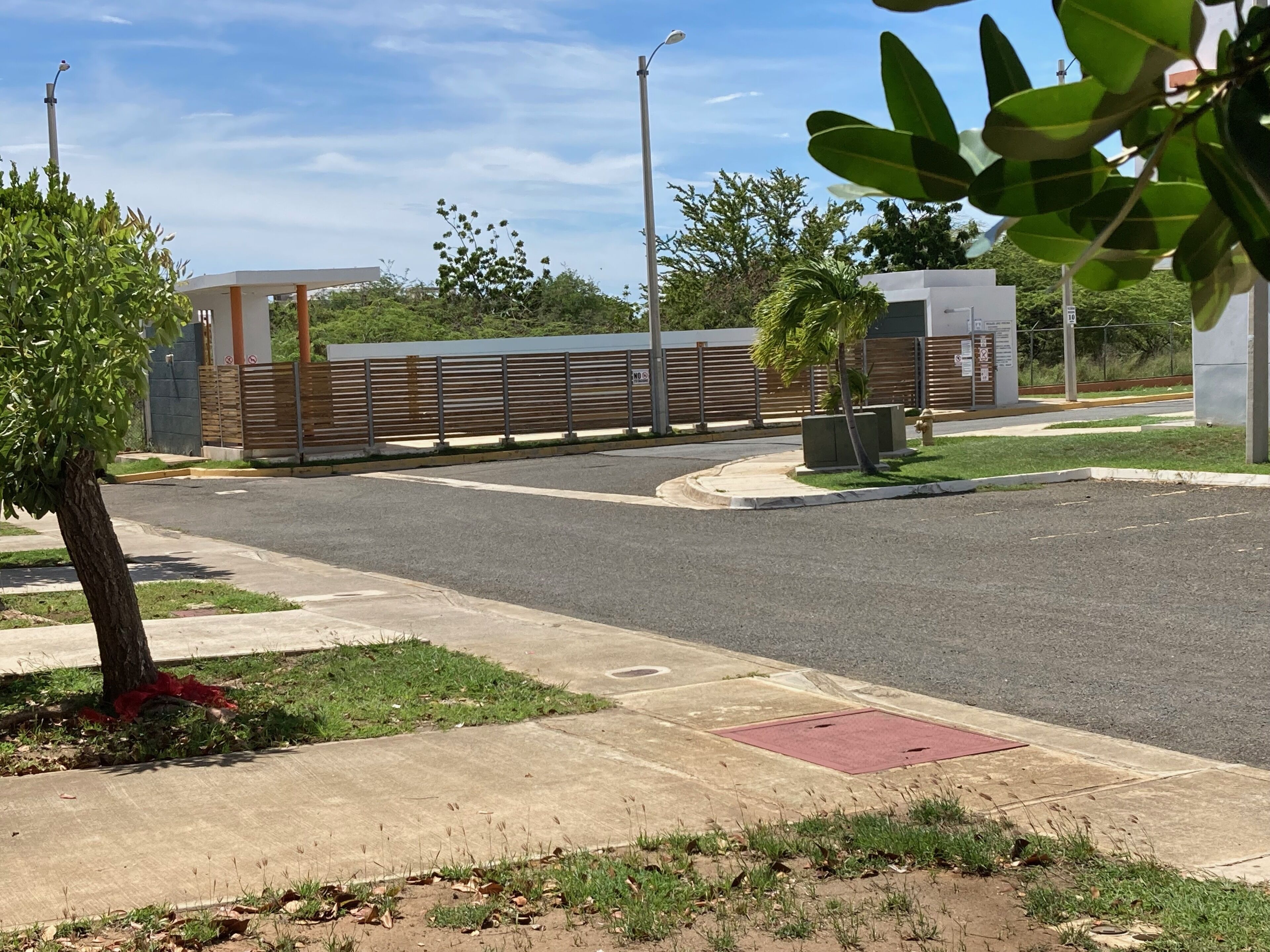 A street view with a sidewalk, a tree, a fence, and a building in the background.