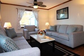 Smart TV, DVD player, foosball, books