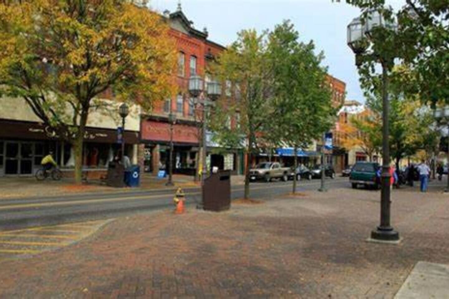 A street view with brick sidewalks, trees, and buildings with storefronts.