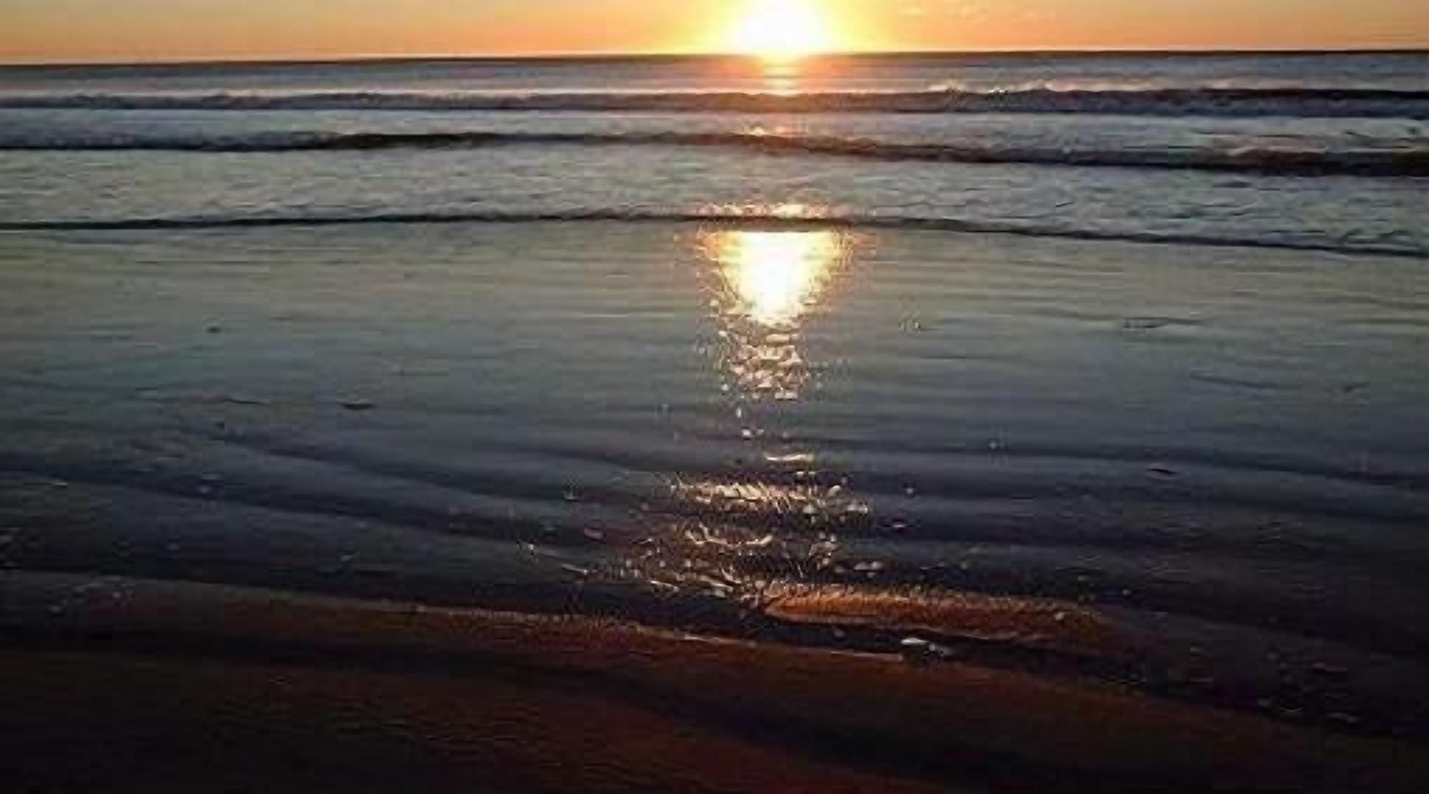 Une plage au coucher du soleil, avec des vagues et un reflet du soleil visible sur le sable mouillé.